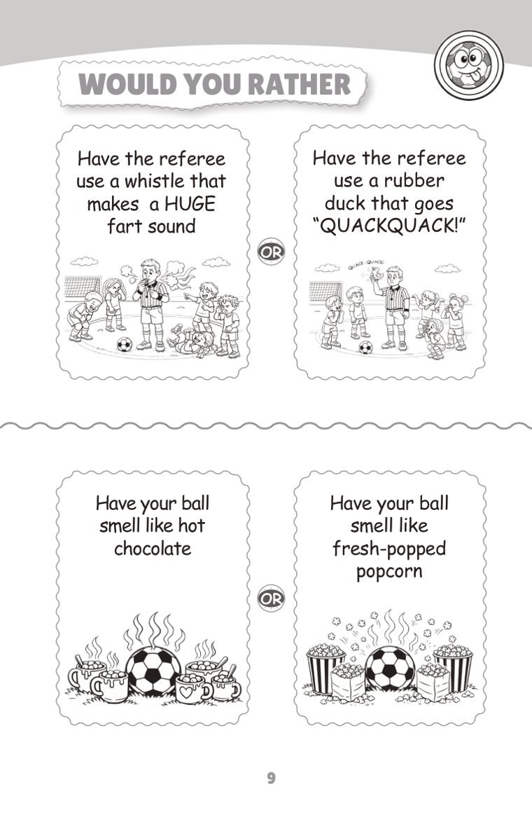 The silly ones, to hook them — sample page from Soccer Would You Rather (Ages 6–9)