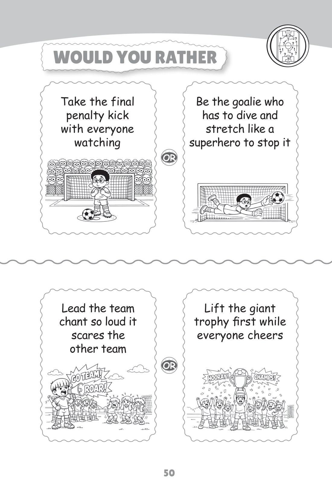 And the real ones: the final penalty, or the save — sample page from Soccer Would You Rather (Ages 6–9)