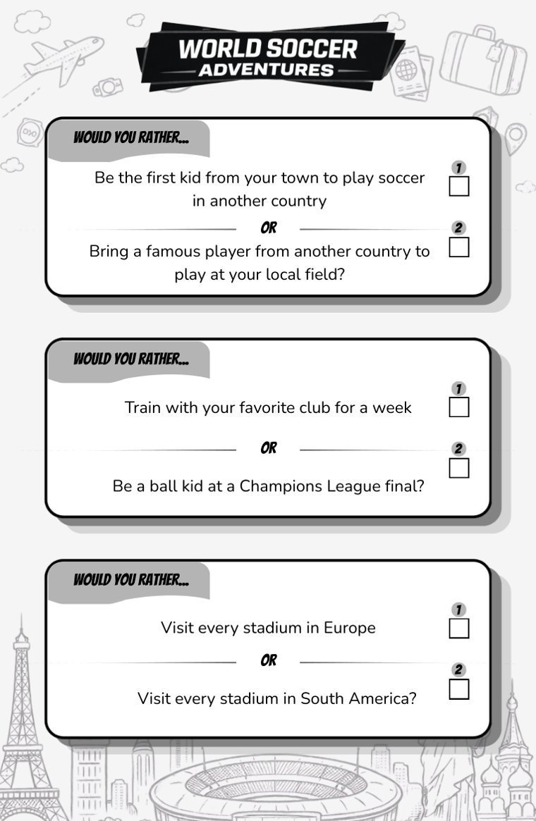 World Soccer Adventures — sample page from Soccer Would You Rather (Ages 9–12)